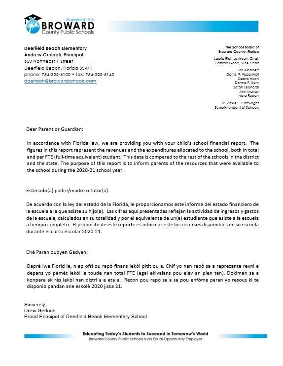 Letter explaining figures which represent revenues and expenditures allocated to the school, in total and per full time equivalent